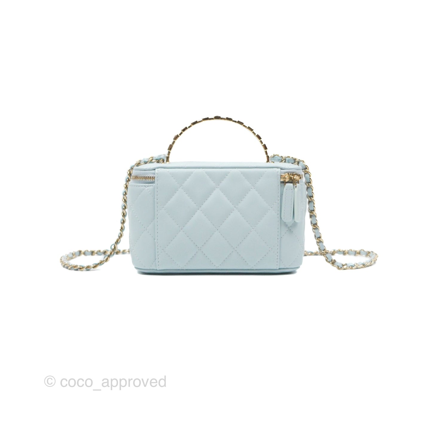 Chanel Vanity Rectangular Logo Crystal Top Handle Light Blue Lambskin Gold Hardware