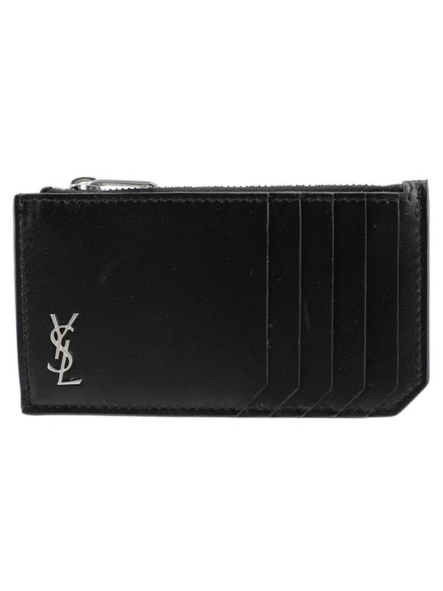 Luxury Saint Laurent Tiny Cassandre Fragments Silver Hardware Leather Zipper Card Wallet Black