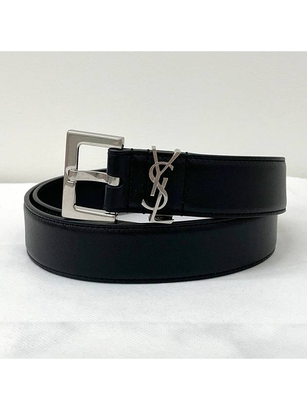 Luxury Saint Laurent Square Buckle Monogram Leather Belt Black