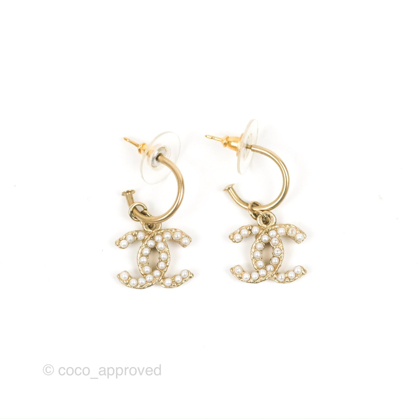 Chanel Pearl CC Drop Hoop Earrings Gold Tone 12A