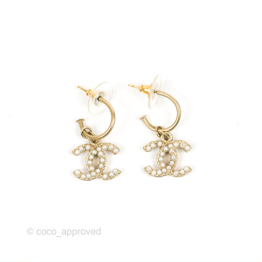 Chanel Pearl CC Drop Hoop Earrings Gold Tone 12A