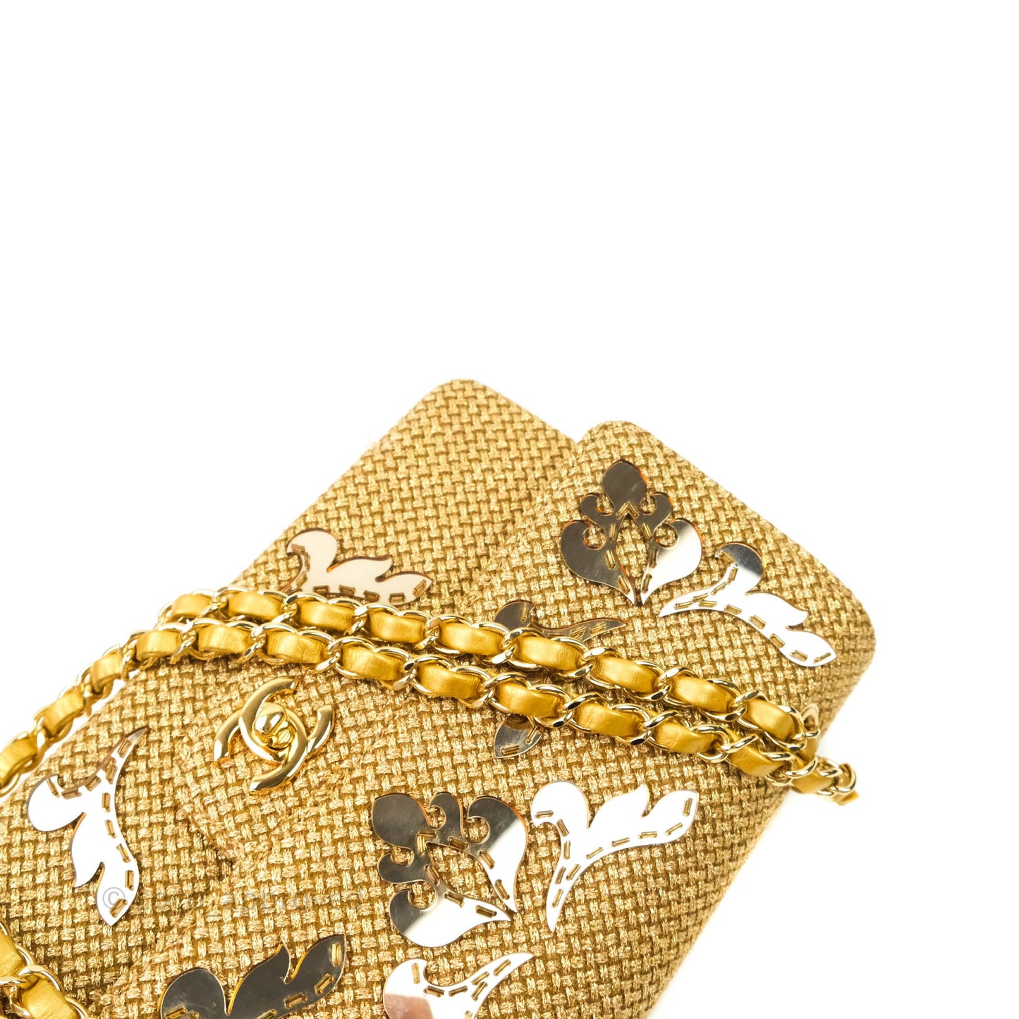 Chanel Classic M/L Medium Double Flap Gold Tweed Mirror Embellished Gold Hardware