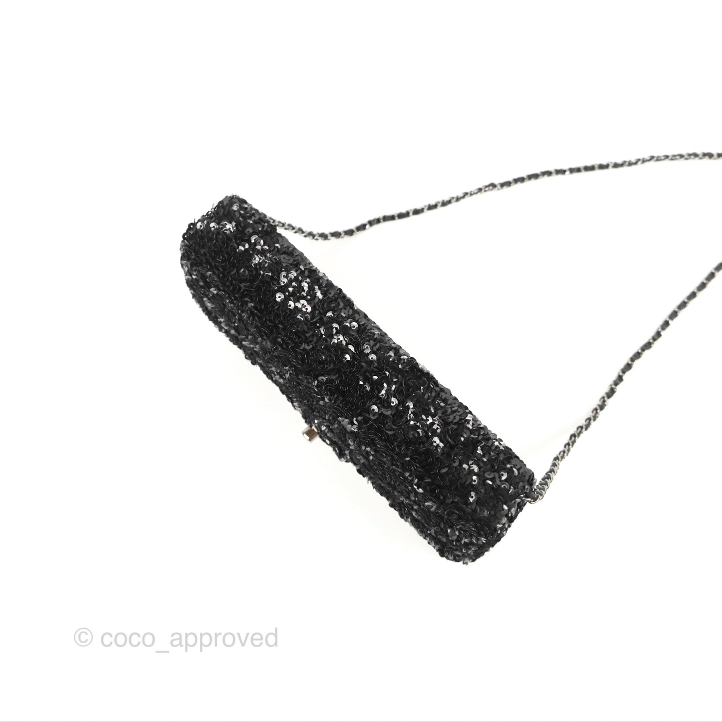 Chanel East West Flap Bag Black Sequin Dark Silver Hardware
