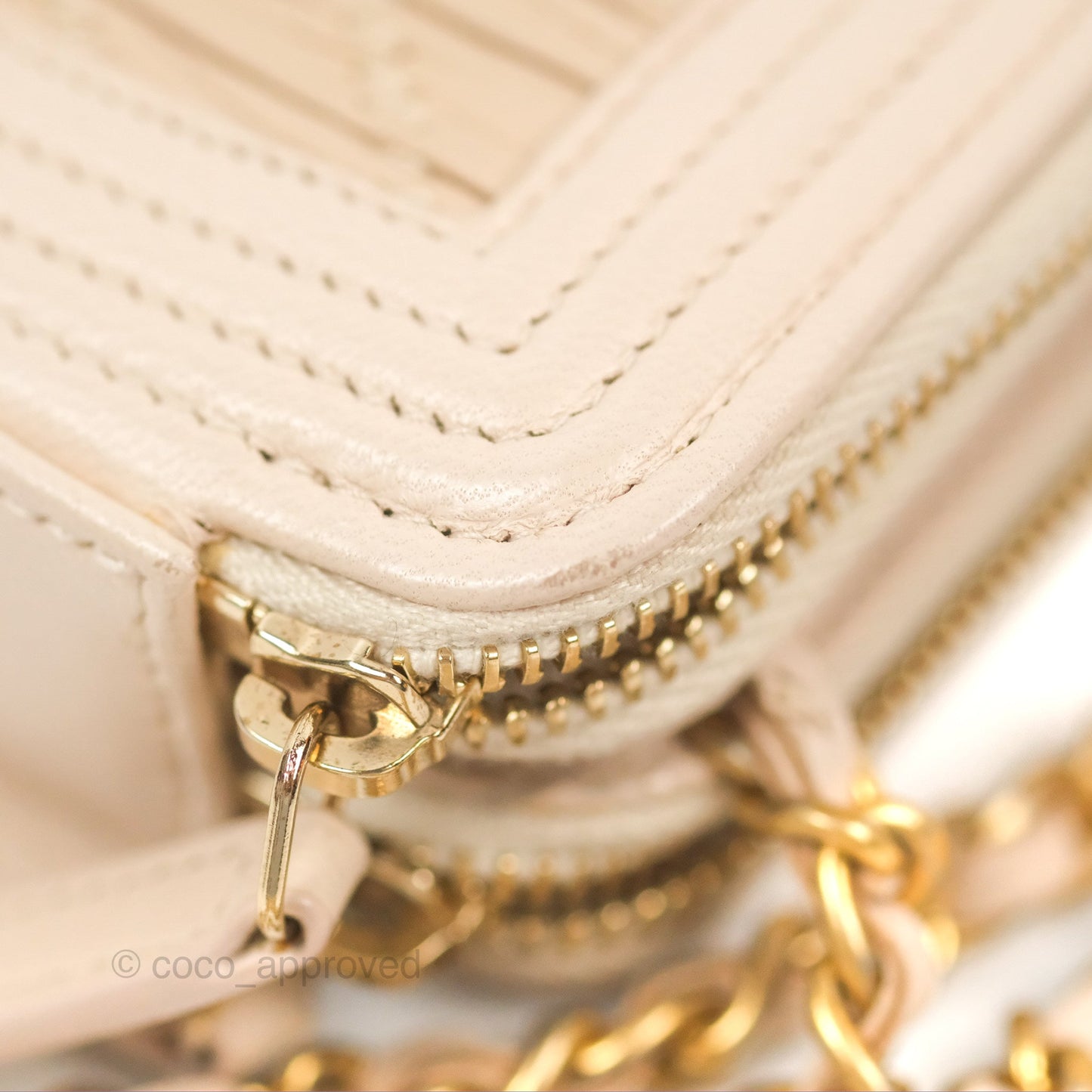 Chanel Boy Double Zip Clutch On Chain Chevron Pale Beige Aged Gold Hardware