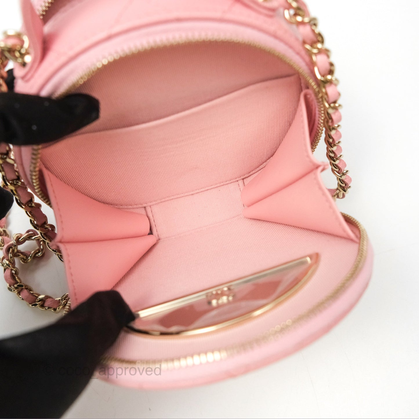 Chanel Mini Round Vanity Bag Handle With Care Pink Caviar 22C