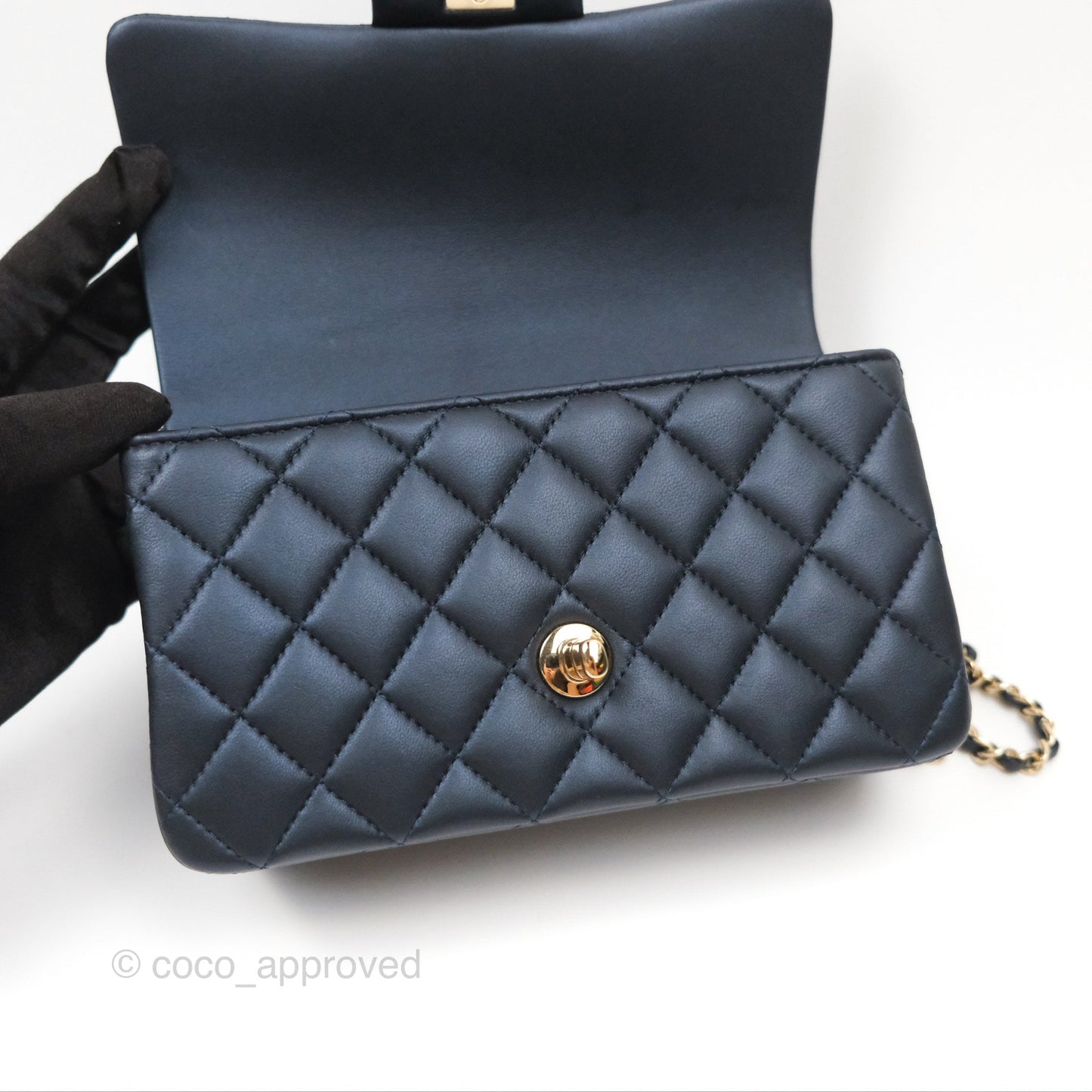 Chanel Top Handle Mini Rectangular Flap Bag Iridescent Navy Lambskin Gold Hardware