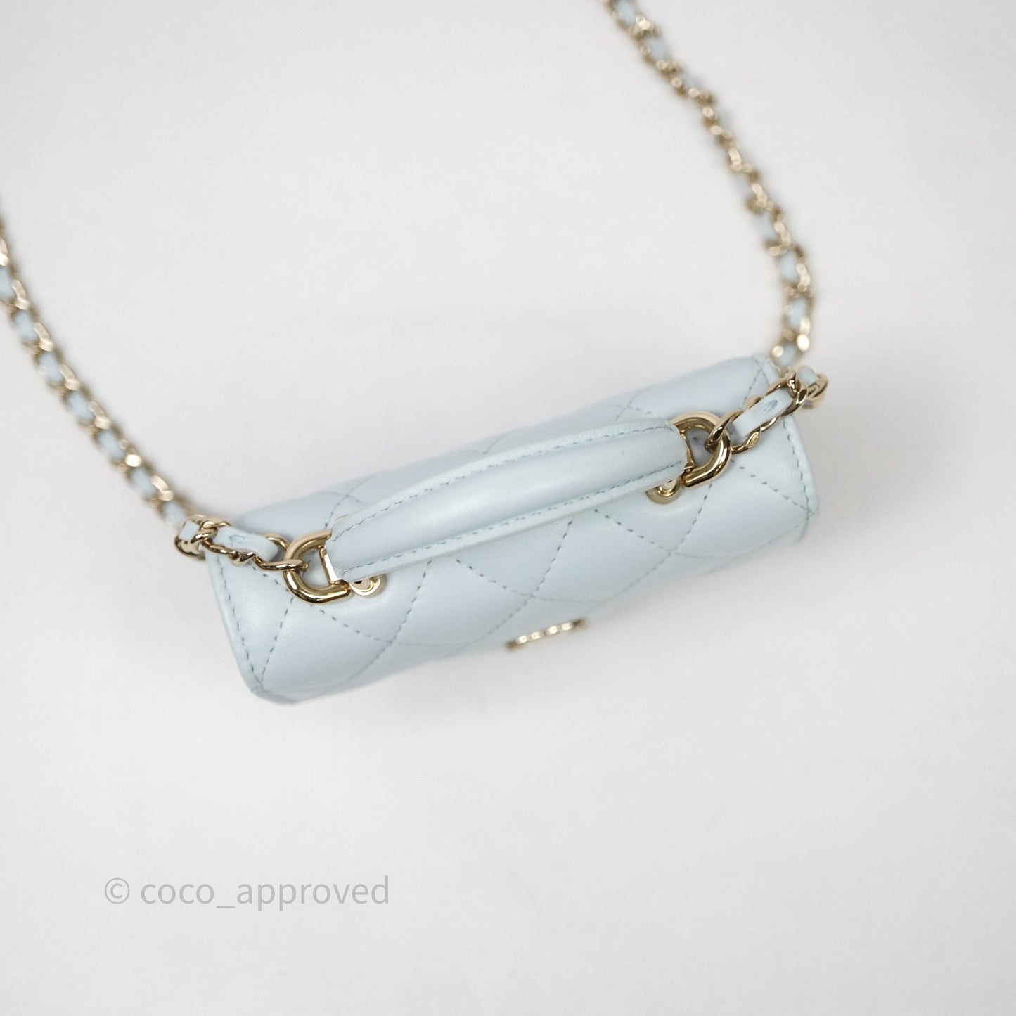 Chanel Mini Handle Flap Coin Purse With Chain Light Blue Lambskin Gold Hardware