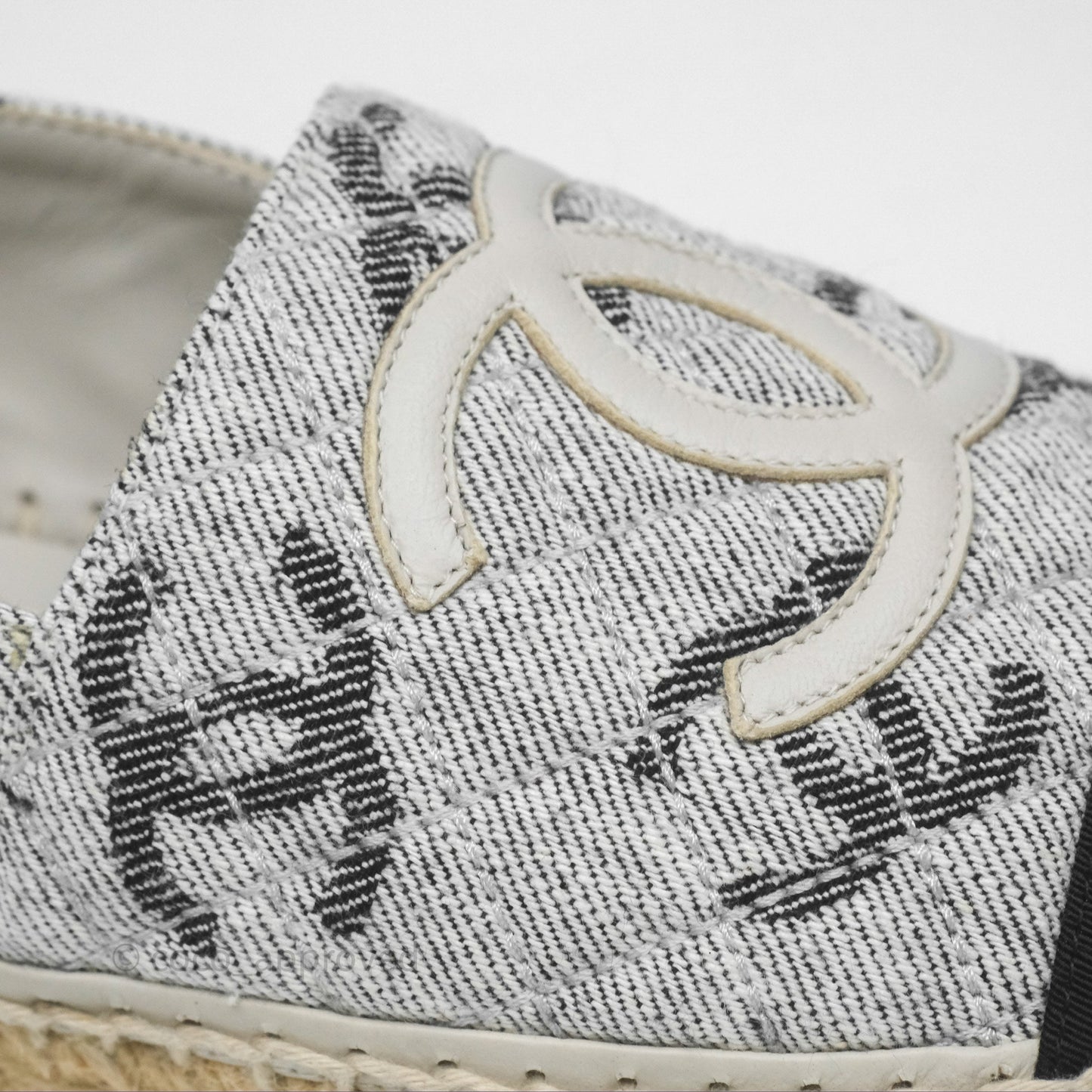 Chanel CC Espadrilles in Grey Cotton Jacquard Black Grosgrain 22S Size 38
