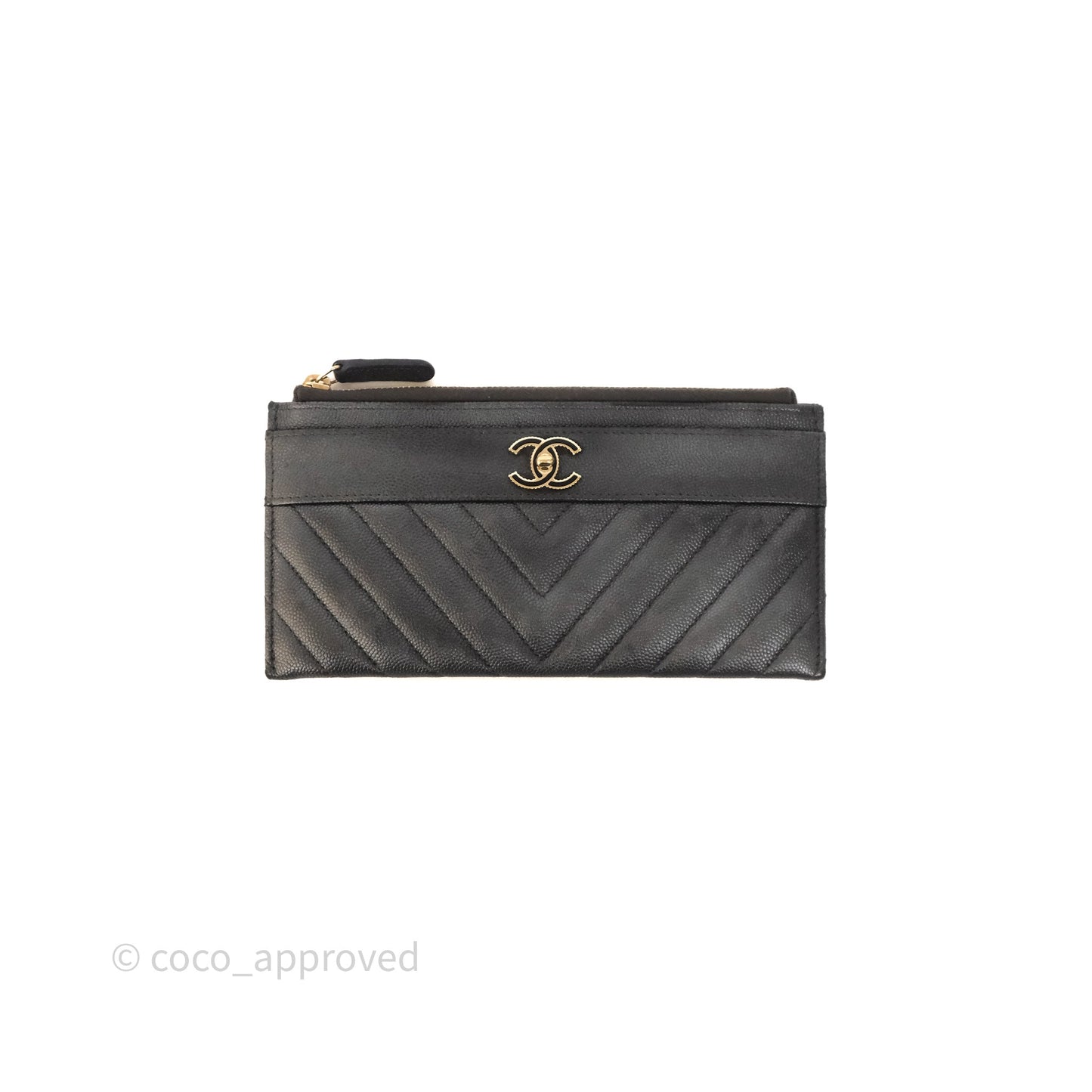 Chanel Chevron Zip Long Wallet Grey Caviar Gold Hardware