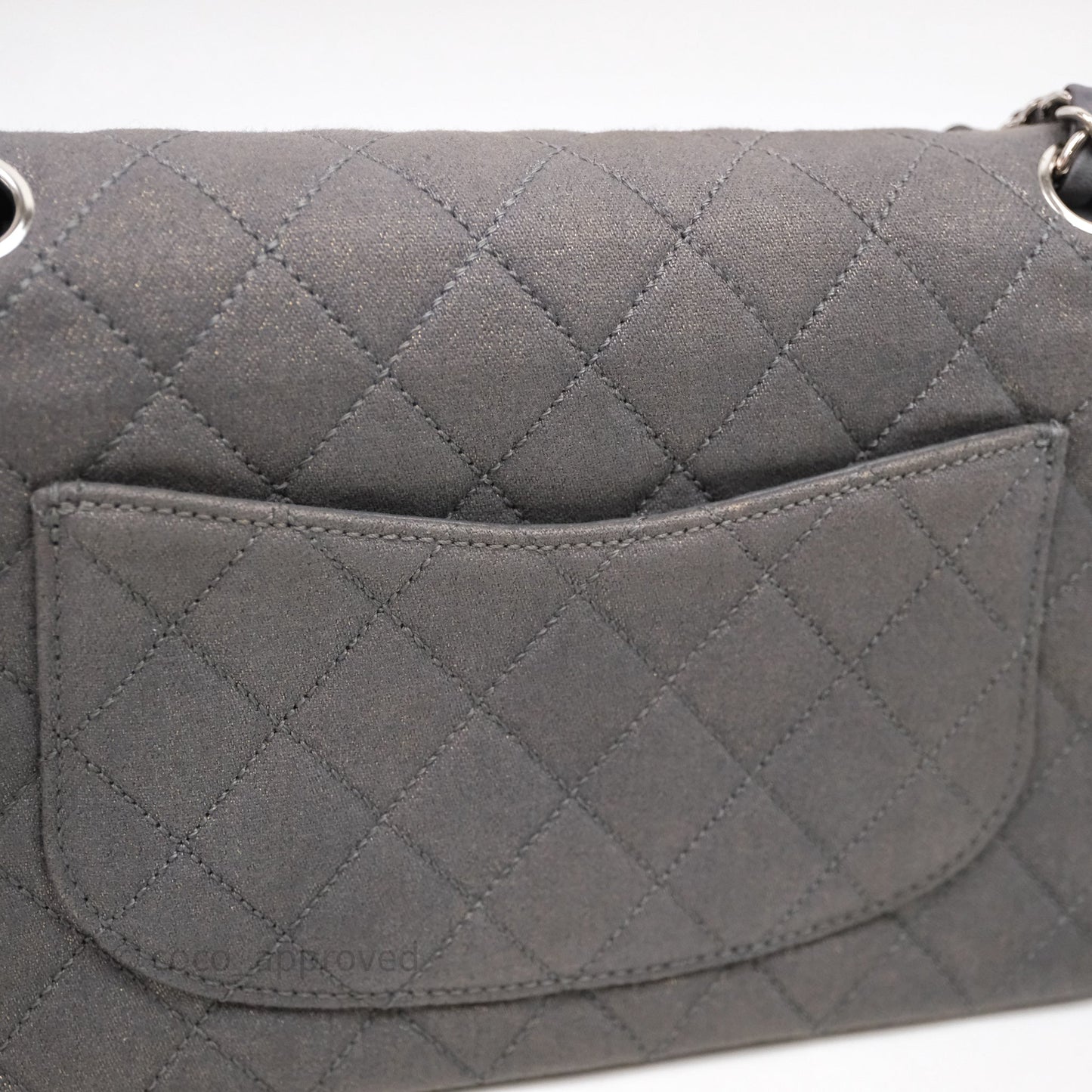 Chanel Classic M/L Medium Flap Quilted Iridescent Metallic Grey Canvas Silver Hardware