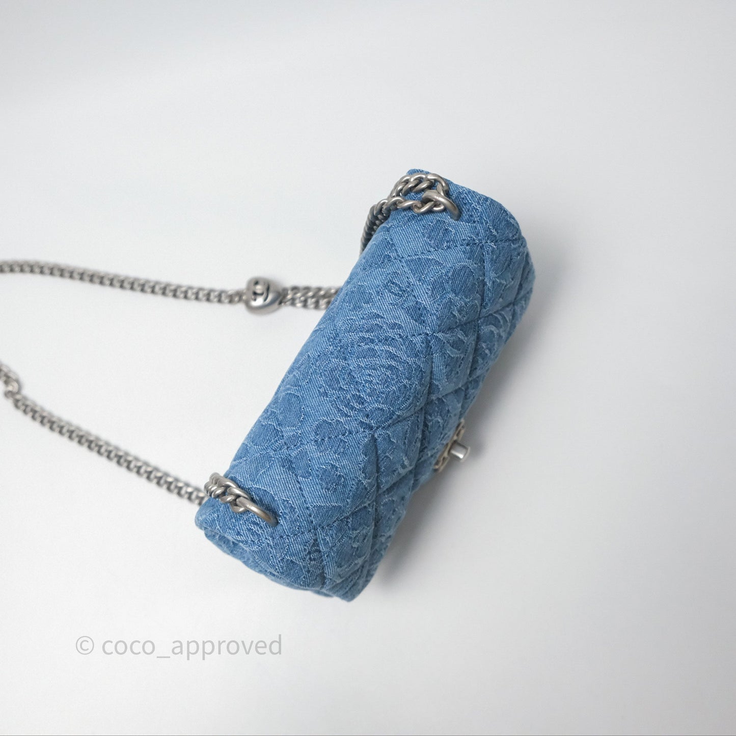 Chanel Mini Flap Bag Heart Adjustable Chain Camellia Denim Aged Gold Hardware