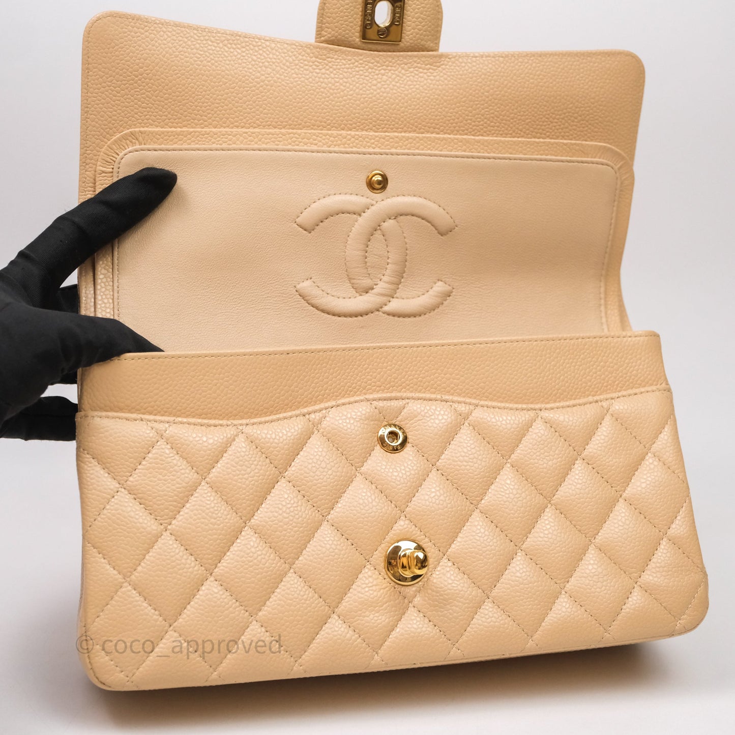 Chanel Classic M/L Medium Flap Quilted Beige Caviar Gold Hardware