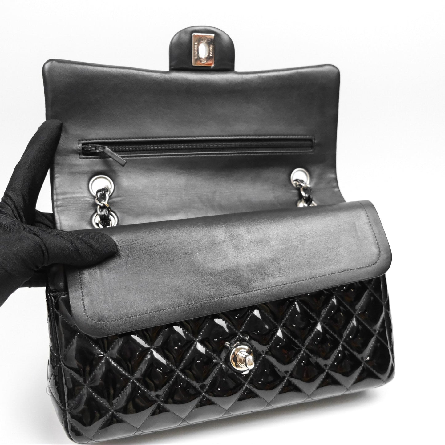 Chanel Classic M/L Medium Flap Quilted Black Patent Silver Hardware