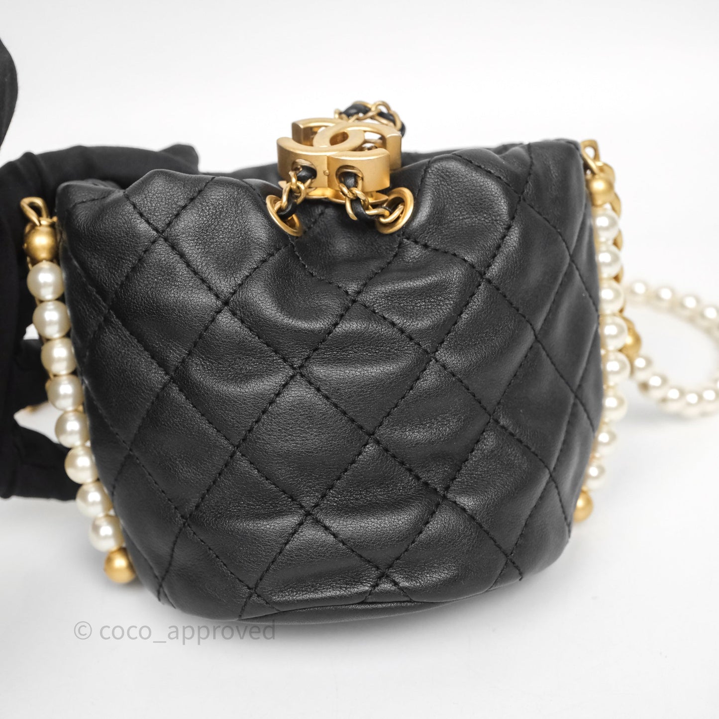 Chanel Quilted Pearl Mini About Pearls Drawstring Bucket Bag Black Calfskin