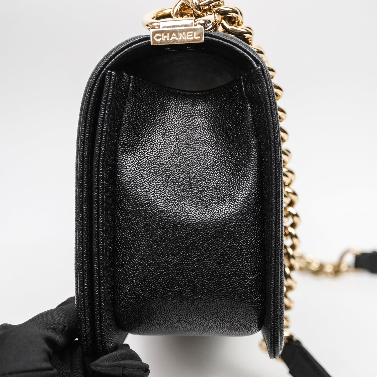 Chanel Medium Boy Chevron Black Caviar Light Gold Hardware