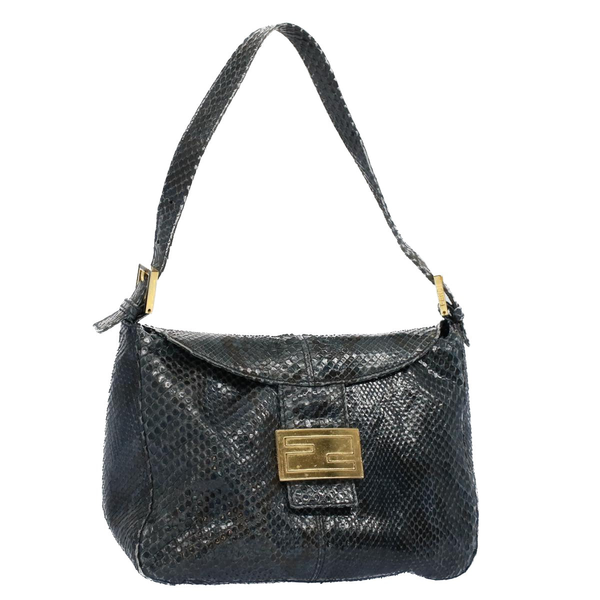 Luxury FendiSnake Pattern Mamma Baguette Shoulder Bag Exotic leather Navy55750