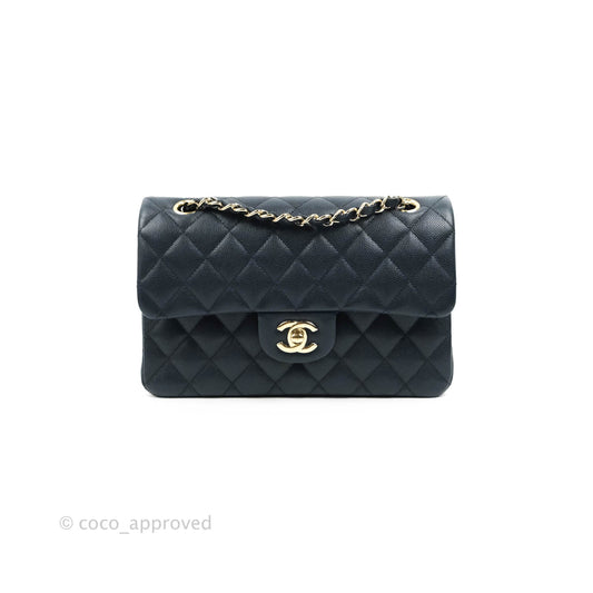 Chanel Classic Small S/M Flap Navy Blue Caviar Gold Hardware 21P