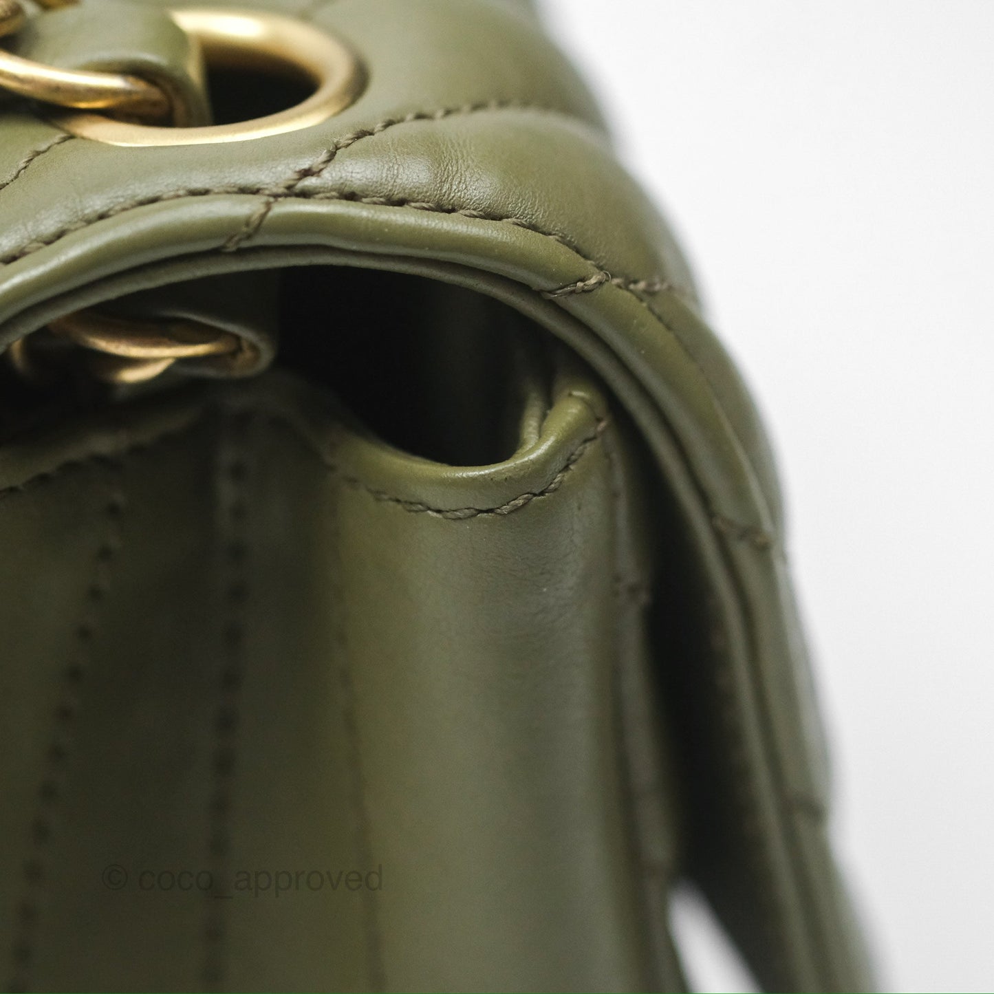 Chanel Mini Square Flap Chevron Olive Green Calfskin Gold Hardware