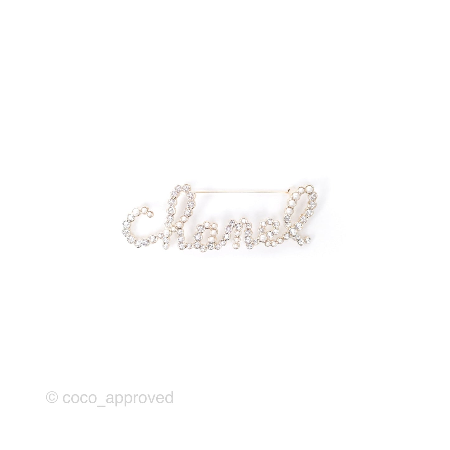 Chanel Logo Pearl Crystal Brooch Gold Tone 20V