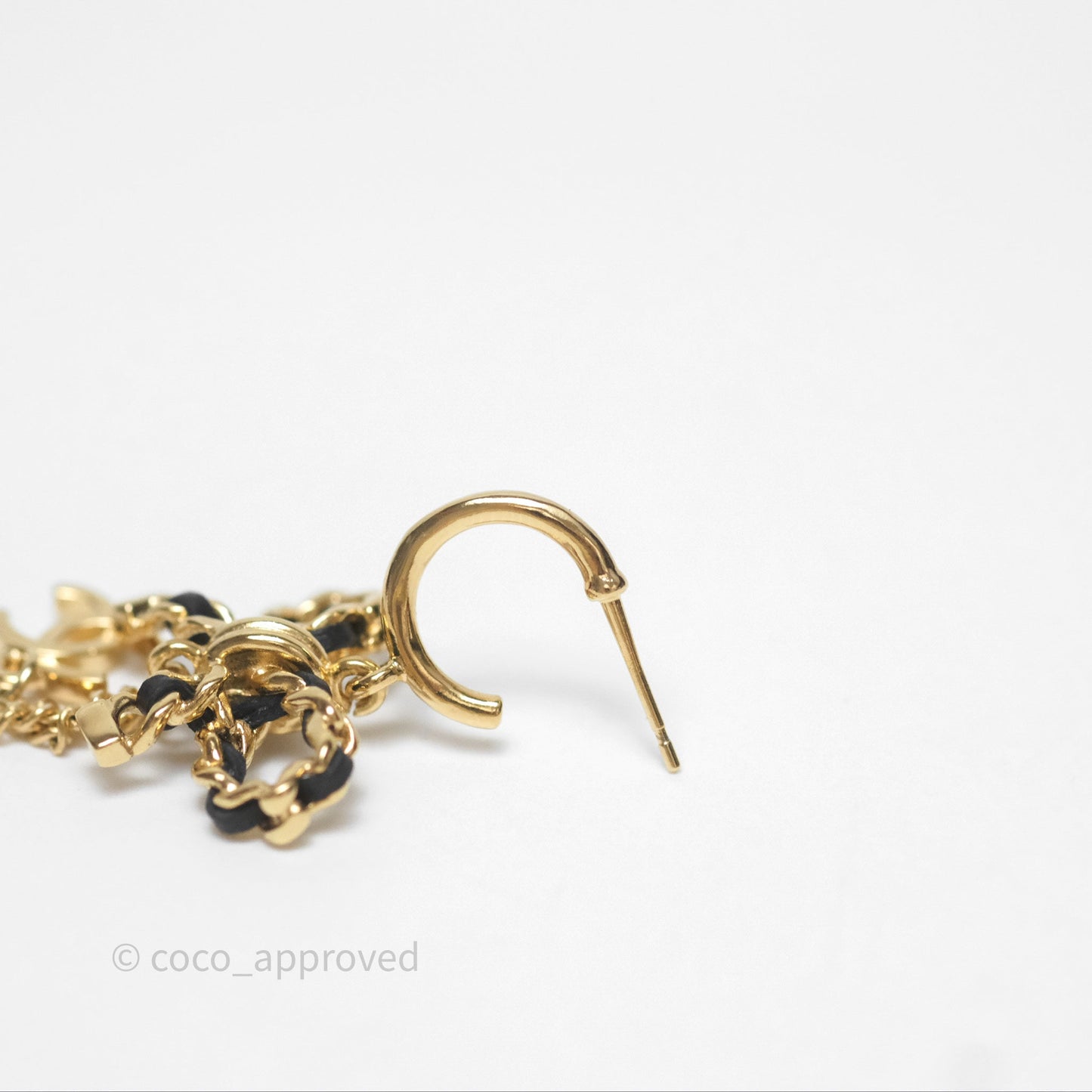Chanel Woven Ribbon Bow Black Drop Earrings Gold Tone 22A