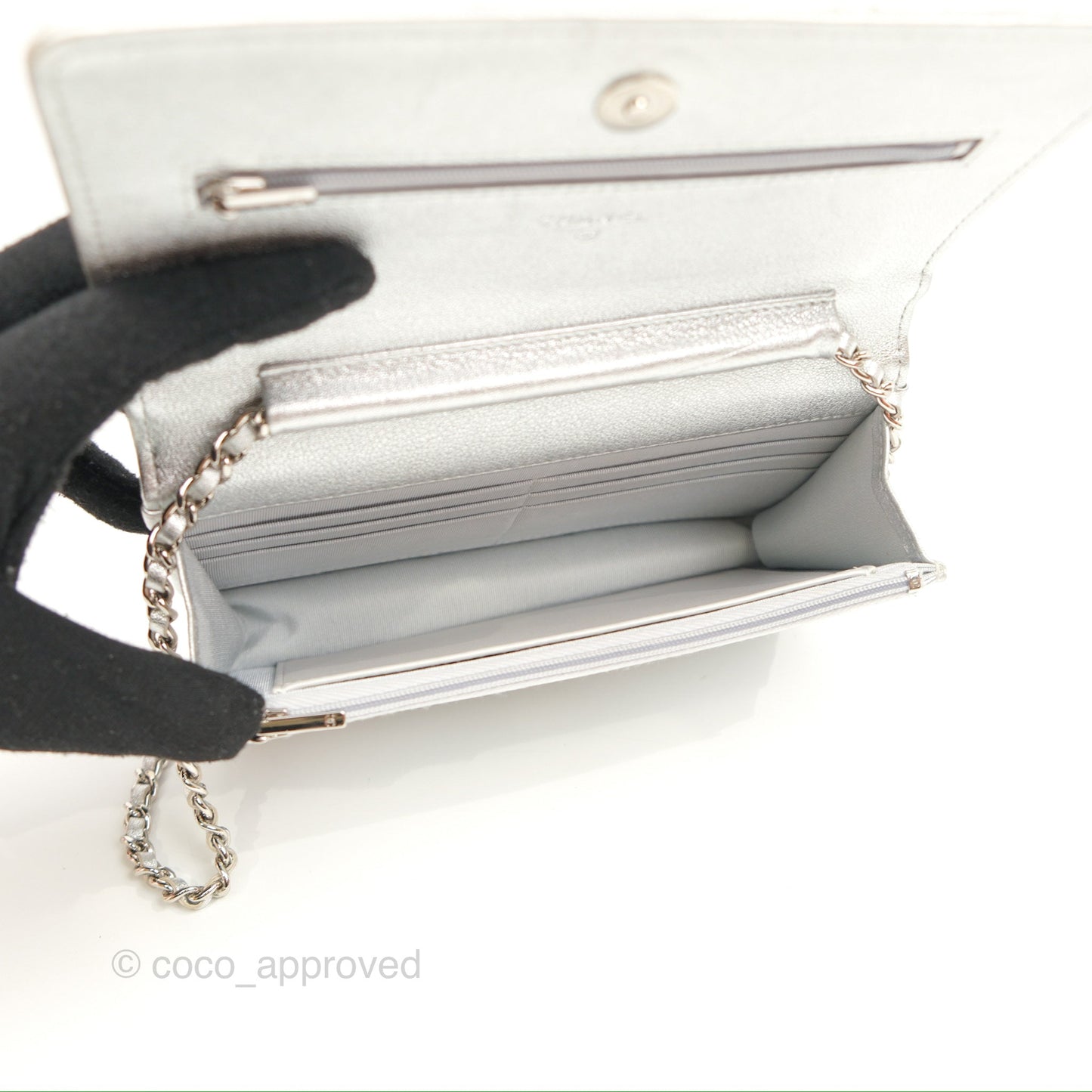 Chanel Quilted Wallet on Chain WOC Iridescent Silver Grained Lambskin Silver Hardware