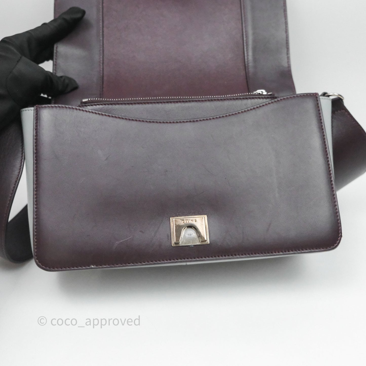 Celine Medium Frame Bag Burgundy / Pearl Blue Calfskin Silver Hardware