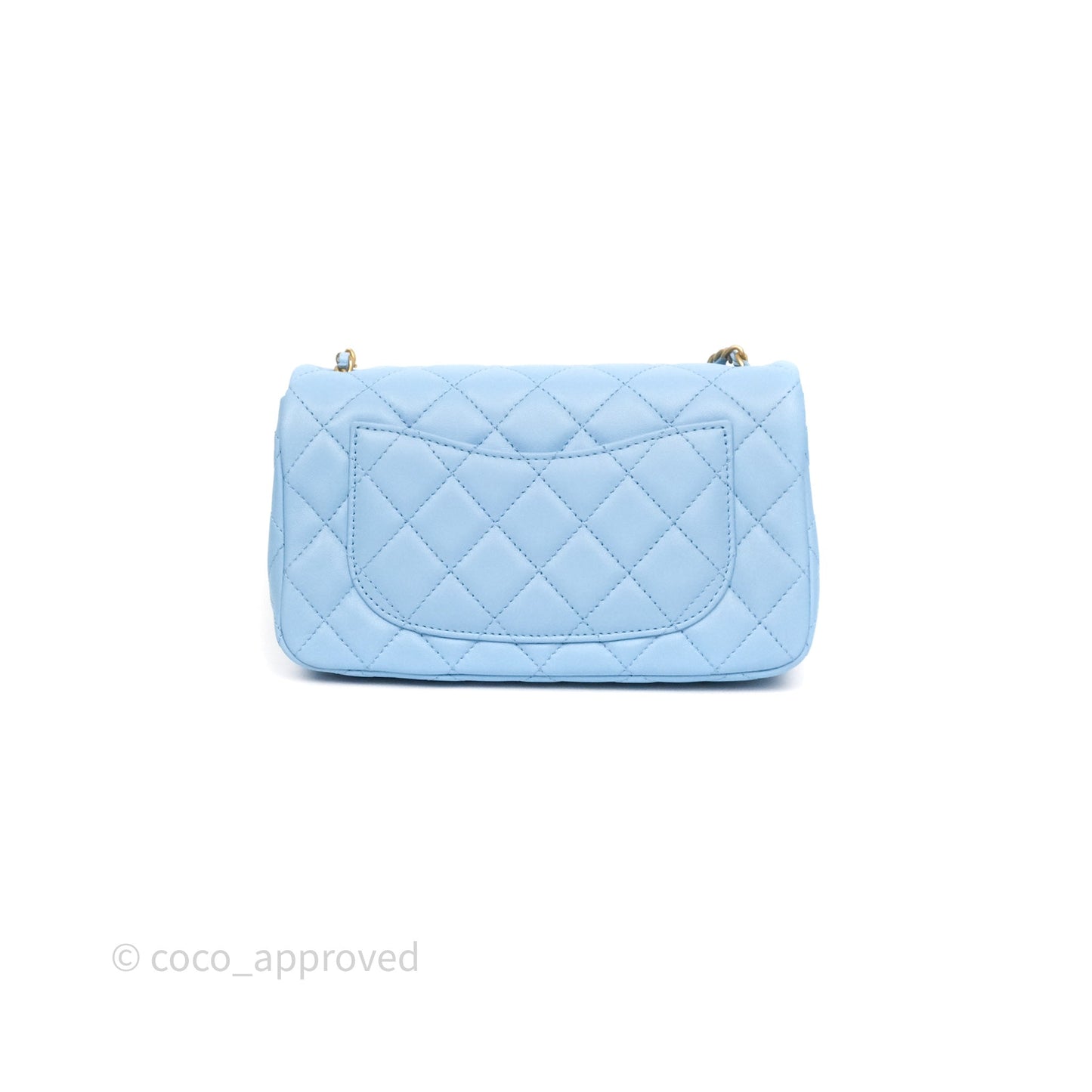 Chanel Mini Rectangular Pearl Crush Quilted Sky Blue Lambskin Aged Gold Hardware