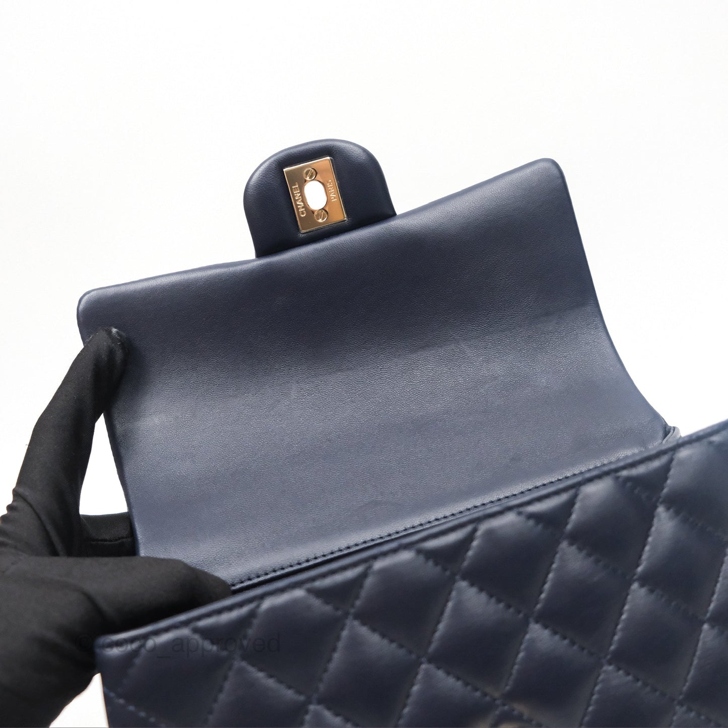 Chanel Top Handle Mini Rectangular Flap Bag Navy Lambskin Gold Hardware