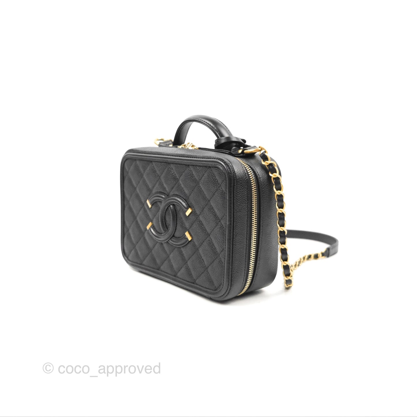 Chanel Quilted Medium CC Filigree Vanity Case Black Caviar Gold Hardware