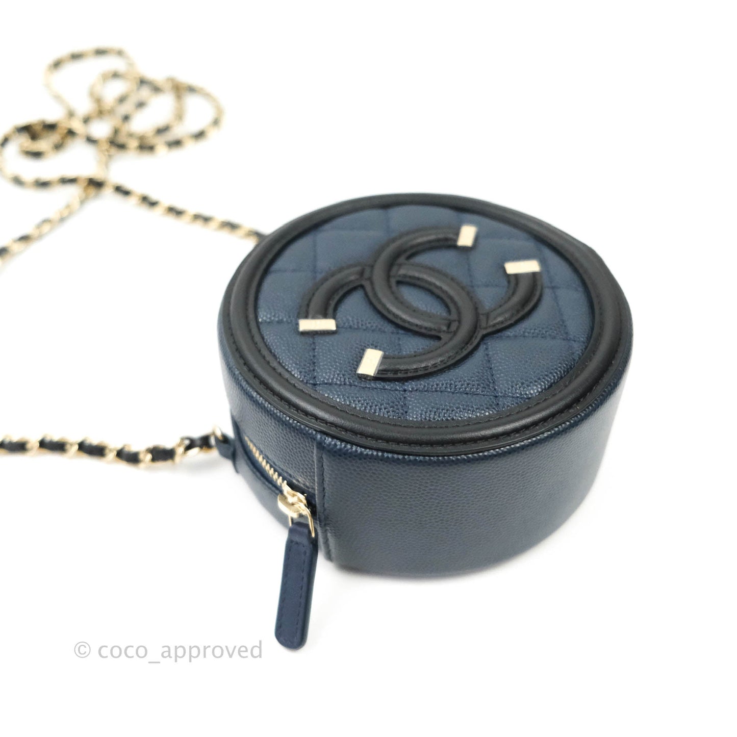 Chanel Quilted Round Filigree Clutch With Chain Navy Black Caviar Gold Hardware