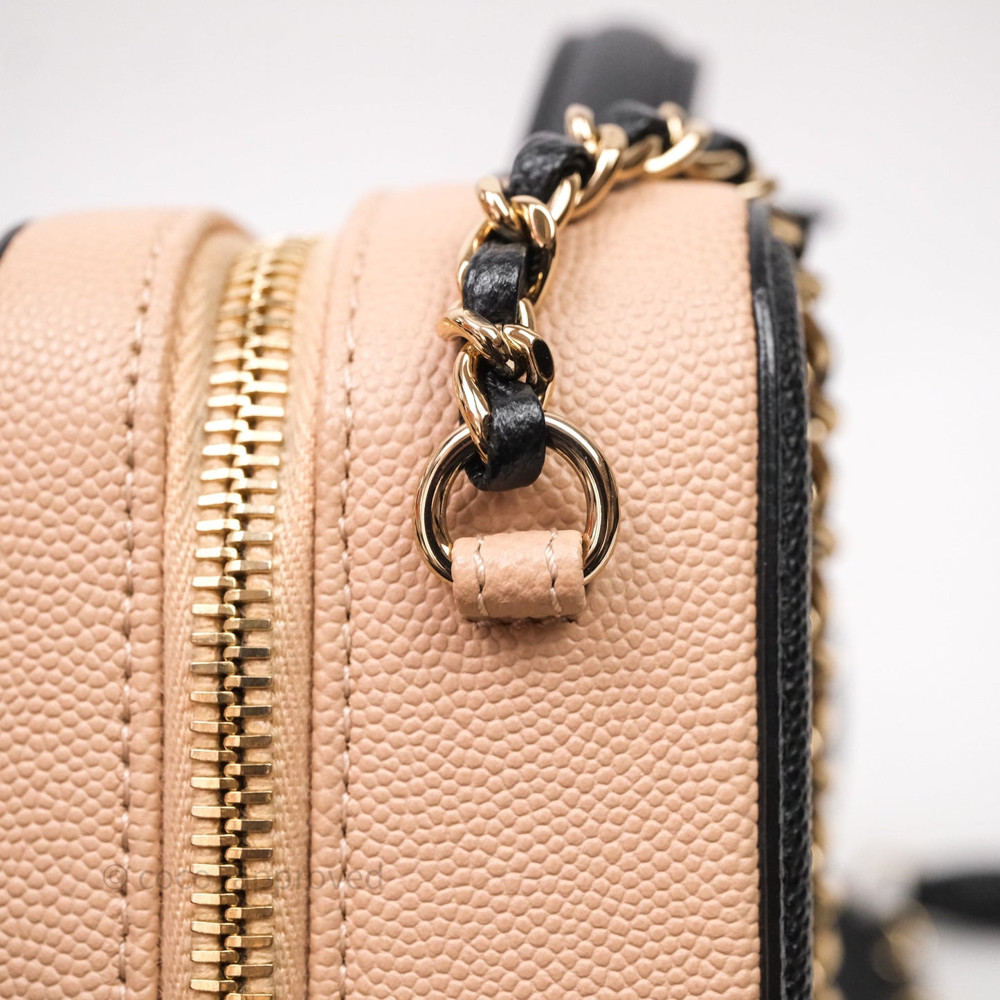 Chanel Quilted New Small CC Filigree Vanity Case Beige Caviar Gold Hardware