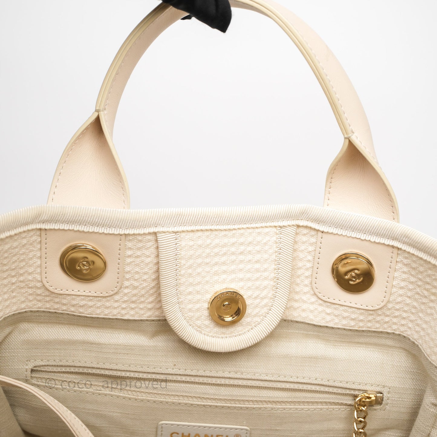 Chanel New Small Deauville Cream Ivory Canvas Light Gold Hardware