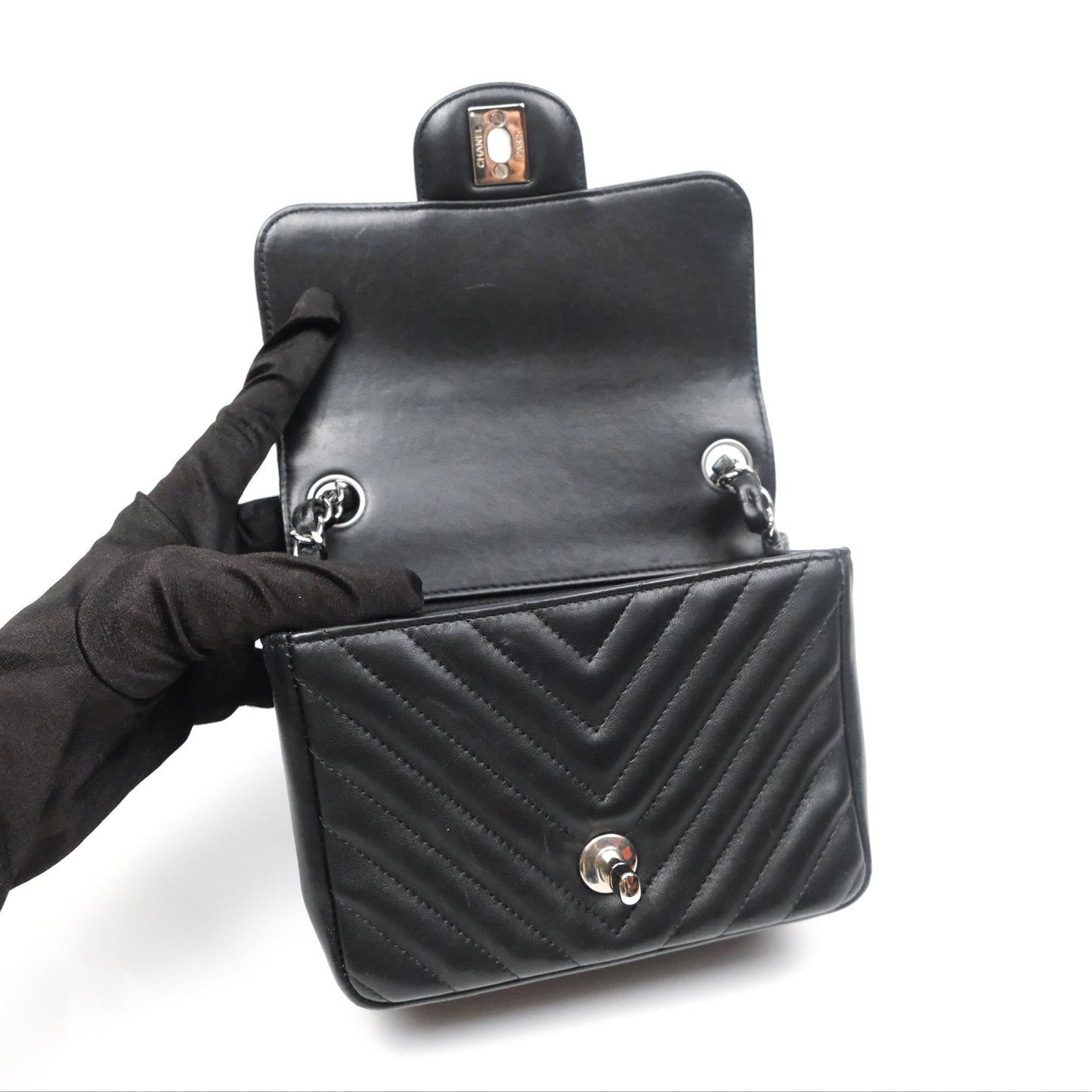 Chanel Mini Square Black Chevron Lambskin Silver Hardware