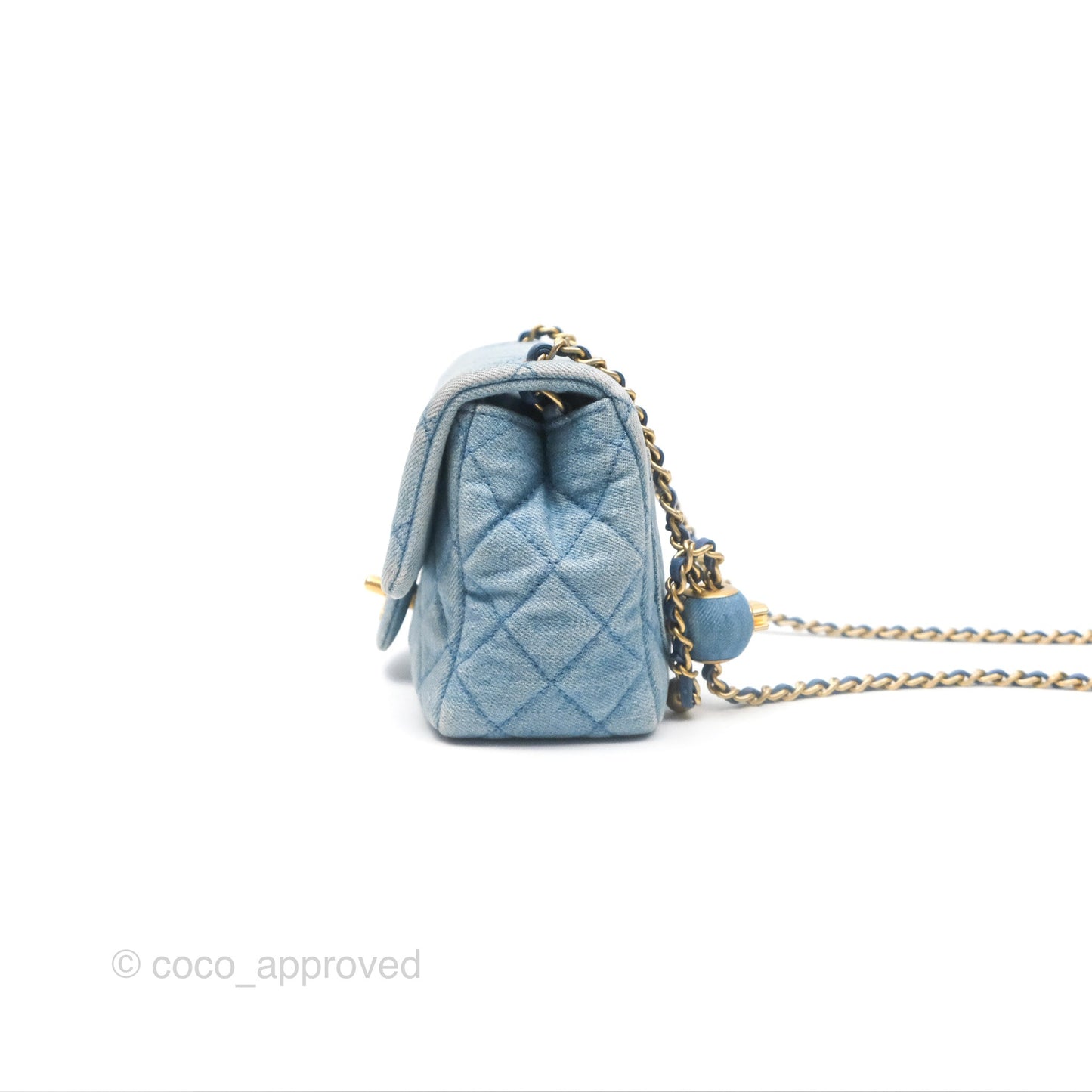 Chanel Mini Square Pearl Crush Quilted Denim Aged Gold Hardware