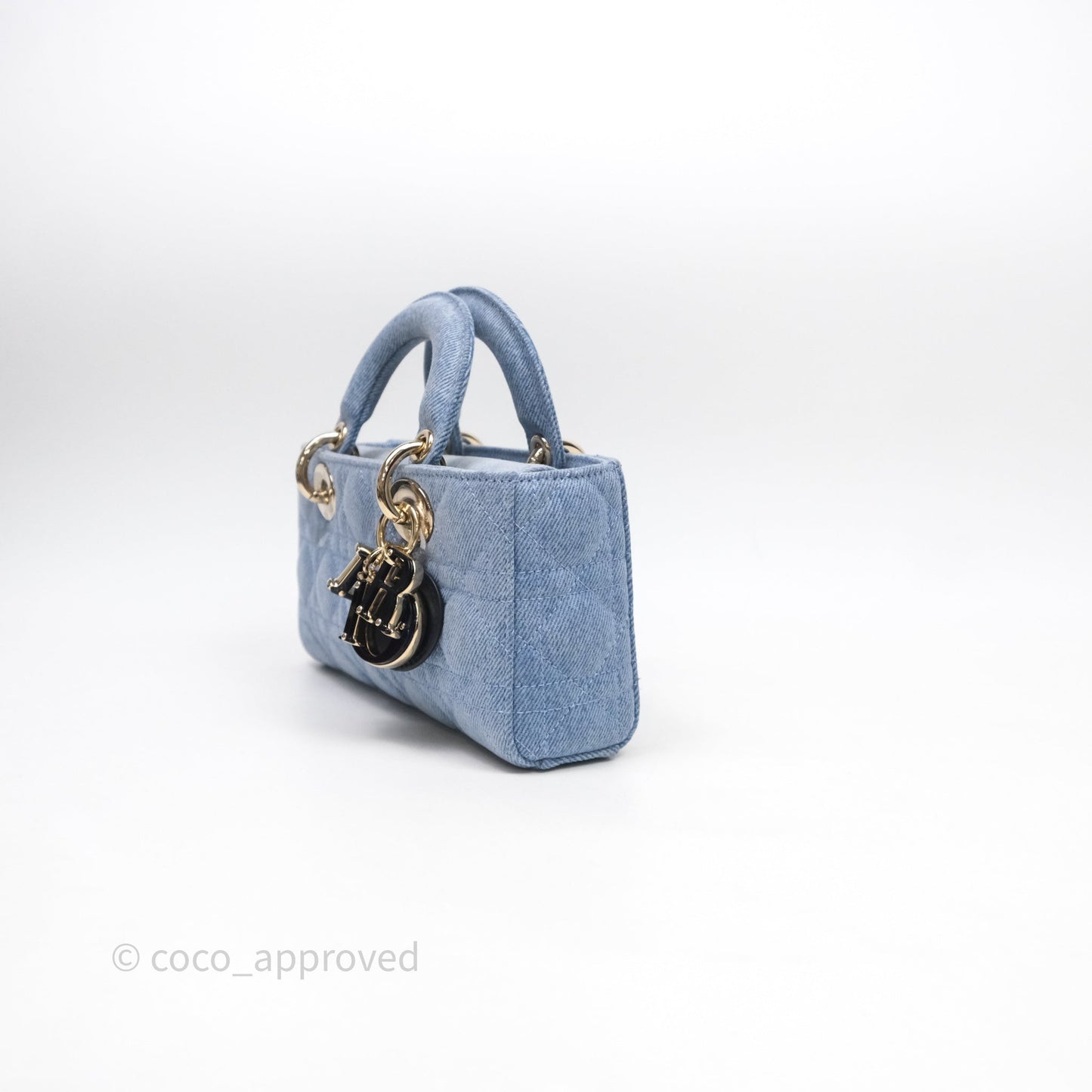 Christian Dior Small Lady D-Joy Bag Washed Blue Denim Cannage Gold Hardware