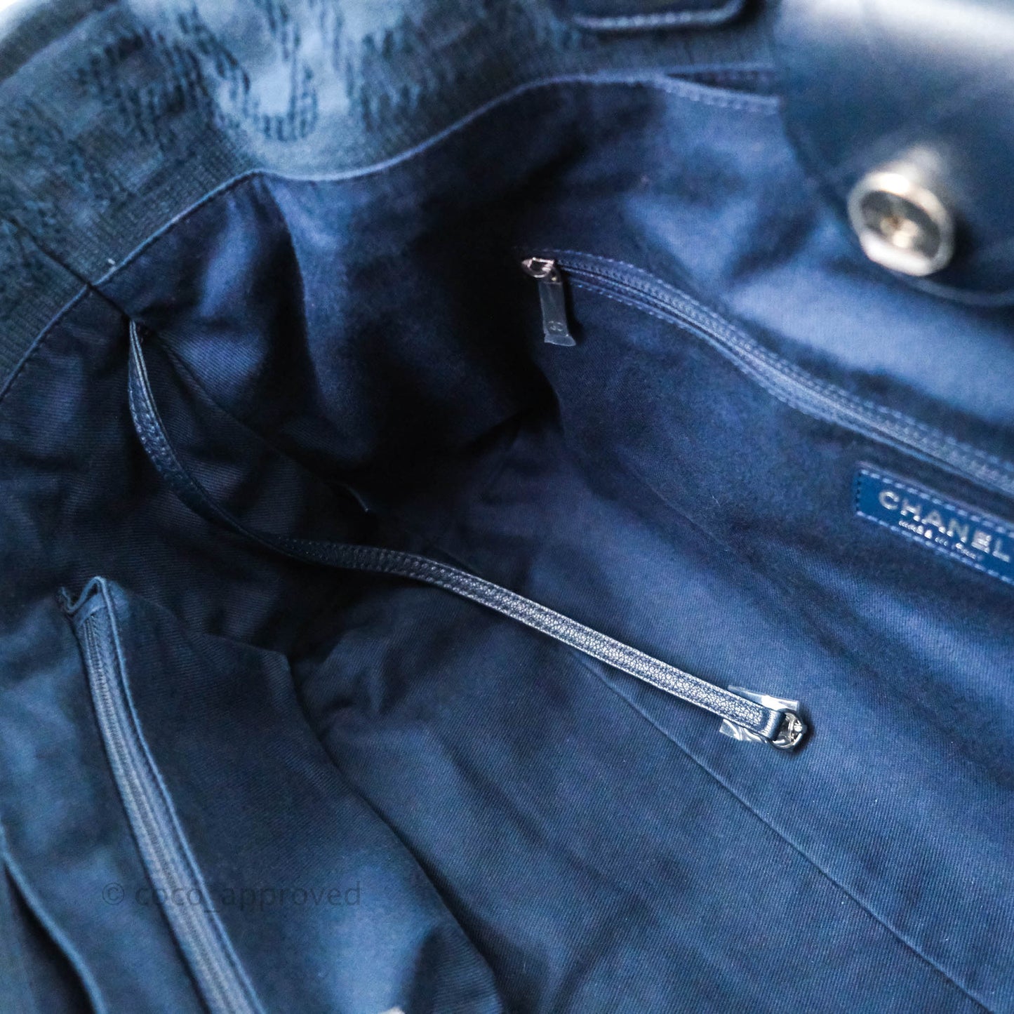 Chanel Large Fabric Navy Blue Shopping Bag Silver Hardware