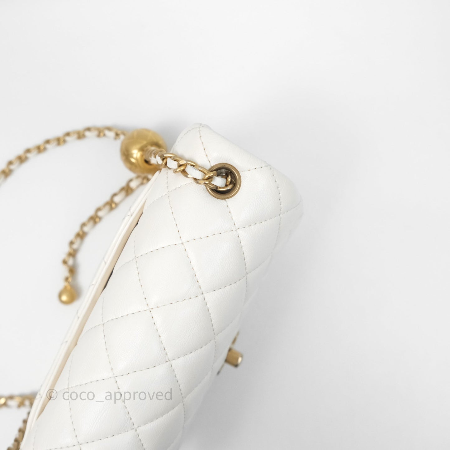 Chanel Mini Rectangular Pearl Crush Quilted White Lambskin Aged Gold Hardware