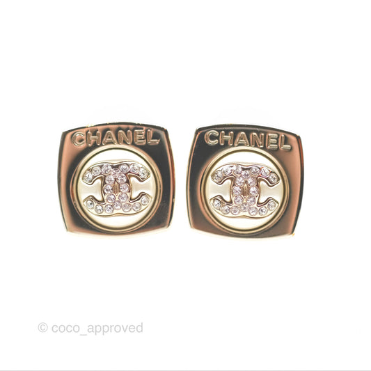 Chanel Crystal CC Pearl Square Earrings Gold Tone 23S