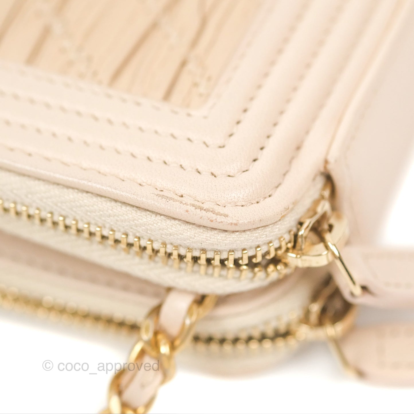 Chanel Boy Double Zip Clutch On Chain Chevron Pale Beige Aged Gold Hardware