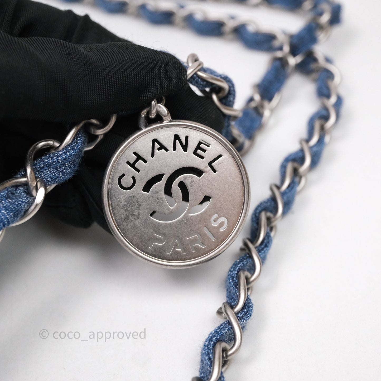 Chanel 22 Small Pearl Studded Denim Silver Hardware