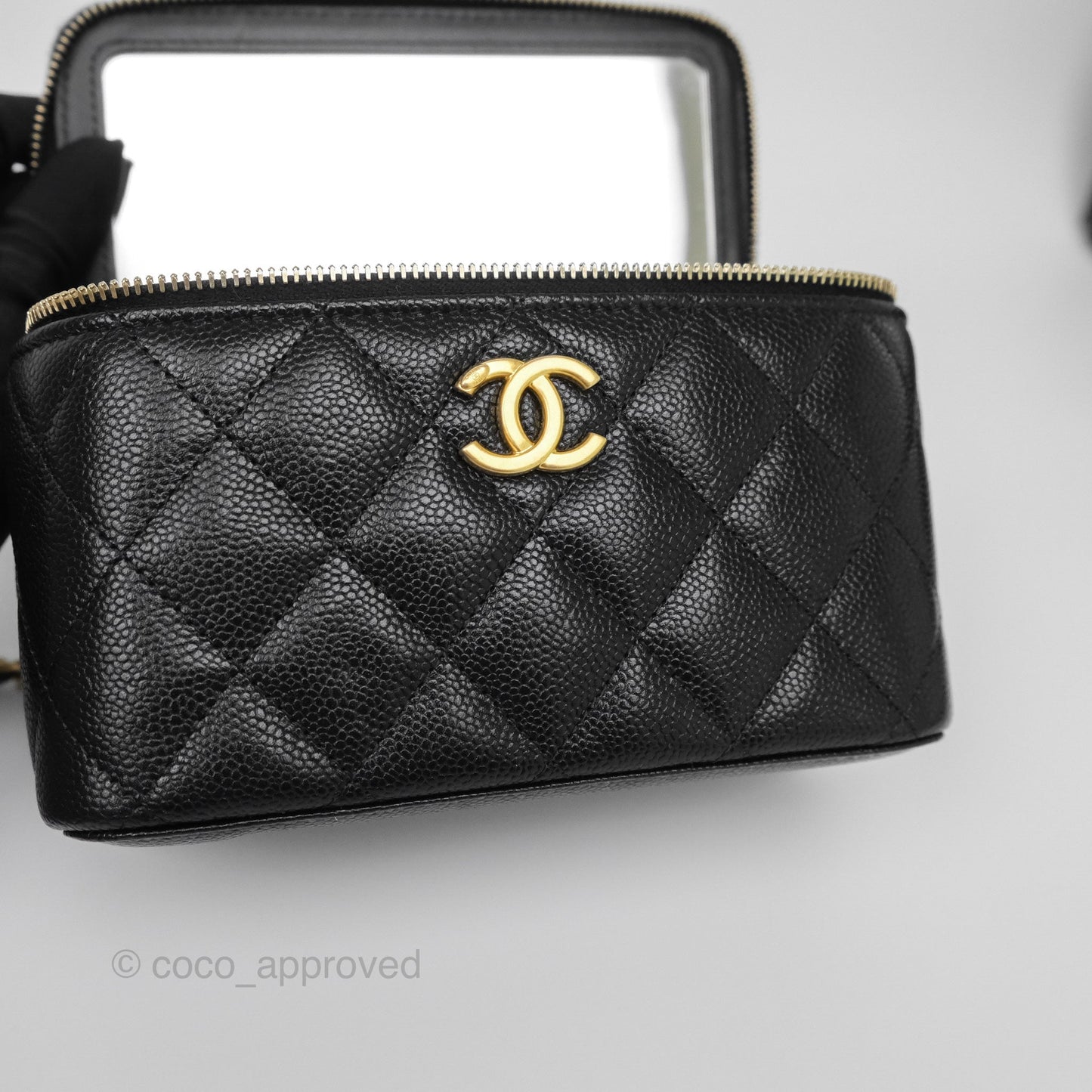 Chanel Logo Top Handle Vanity Rectangular Black Caviar Aged Gold Hardware