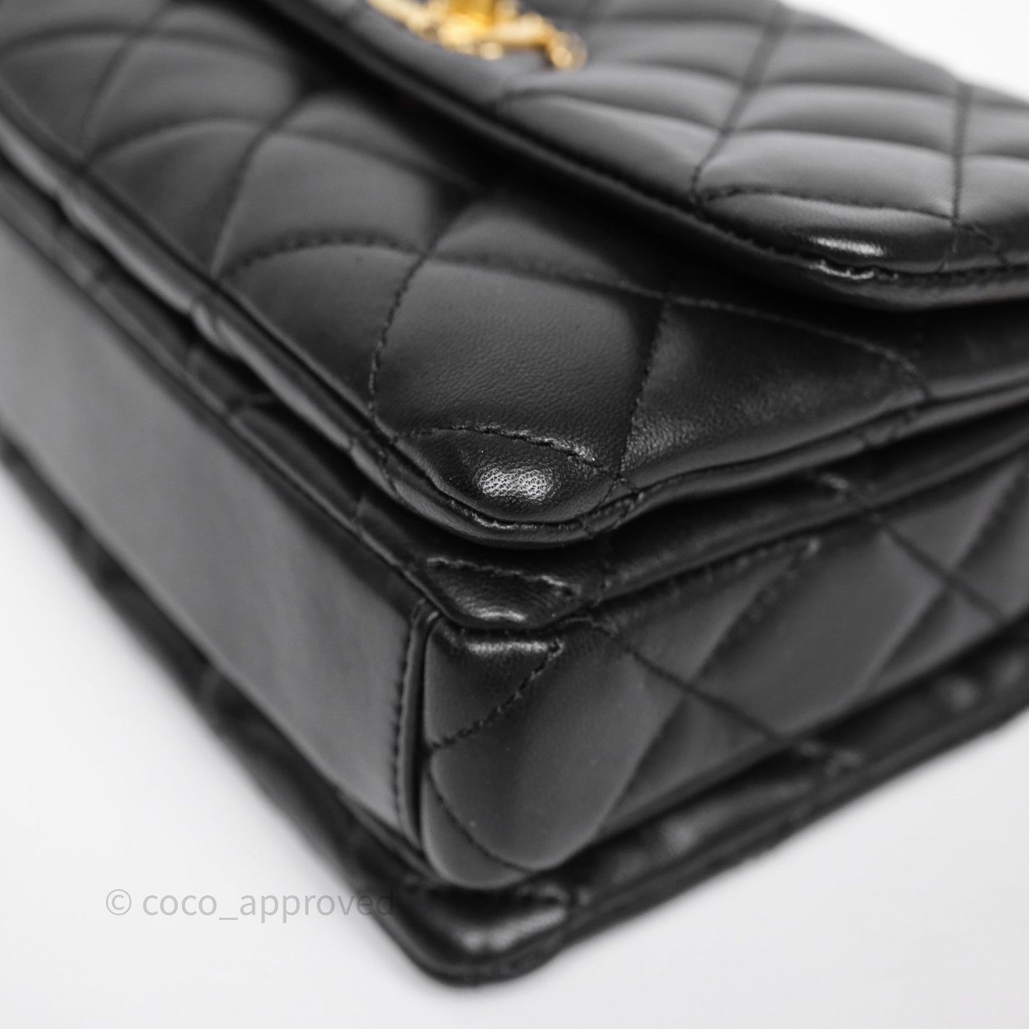 Chanel Quilted Accordion Flap Bag with Button on Chain Black Lambskin Aged Gold Hardware 22A