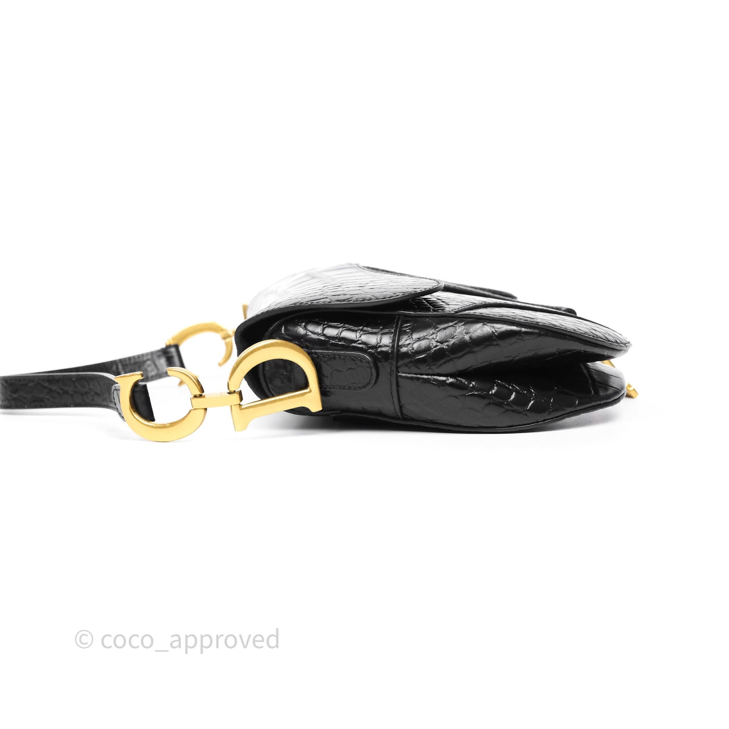 Christian Dior Saddle Bag Black Shiny Crocodile Gold Hardware