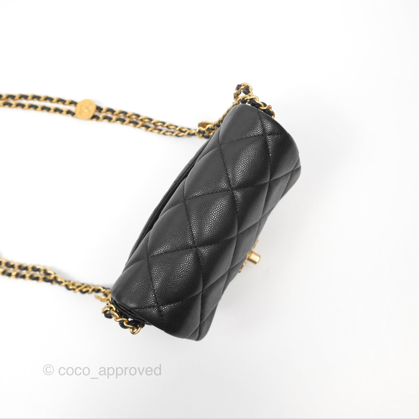 Chanel Mini Flap with Coin Charm Black Caviar Aged Gold Hardware 22A