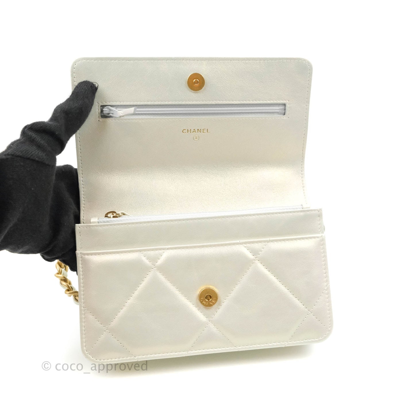 Chanel 19 Quilted Wallet on Chain WOC Iridescent White Mixed Hardware