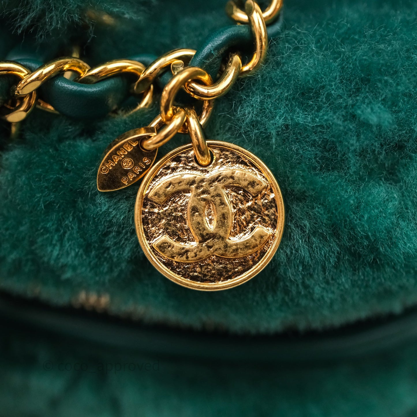Chanel Small Vanity Case Green Shearling Aged Gold Hardware 22A