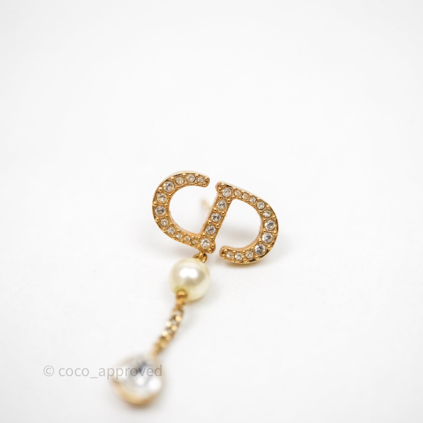 Christian Dior Pearl Crystal CD Drop Earrings Gold Tone