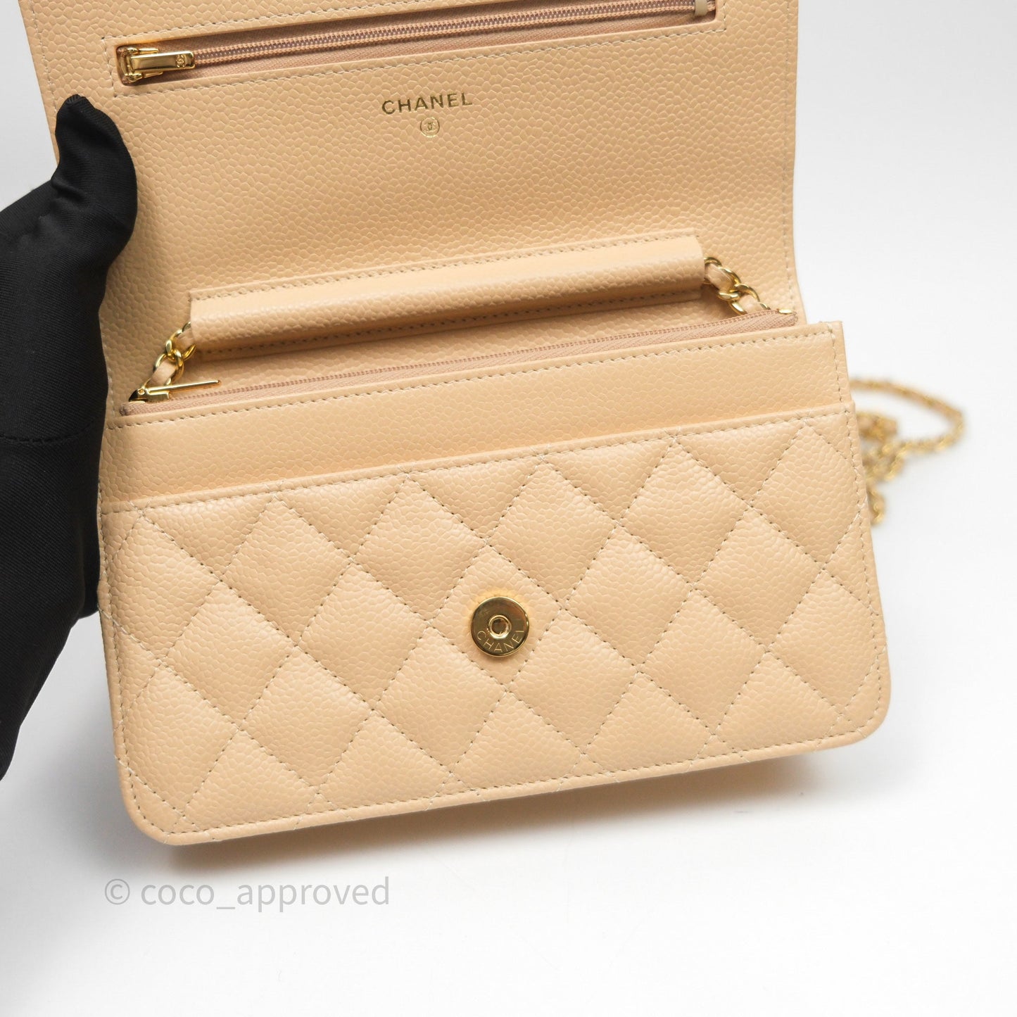 Chanel Quilted Classic Wallet on Chain WOC Beige Caviar Gold Hardware