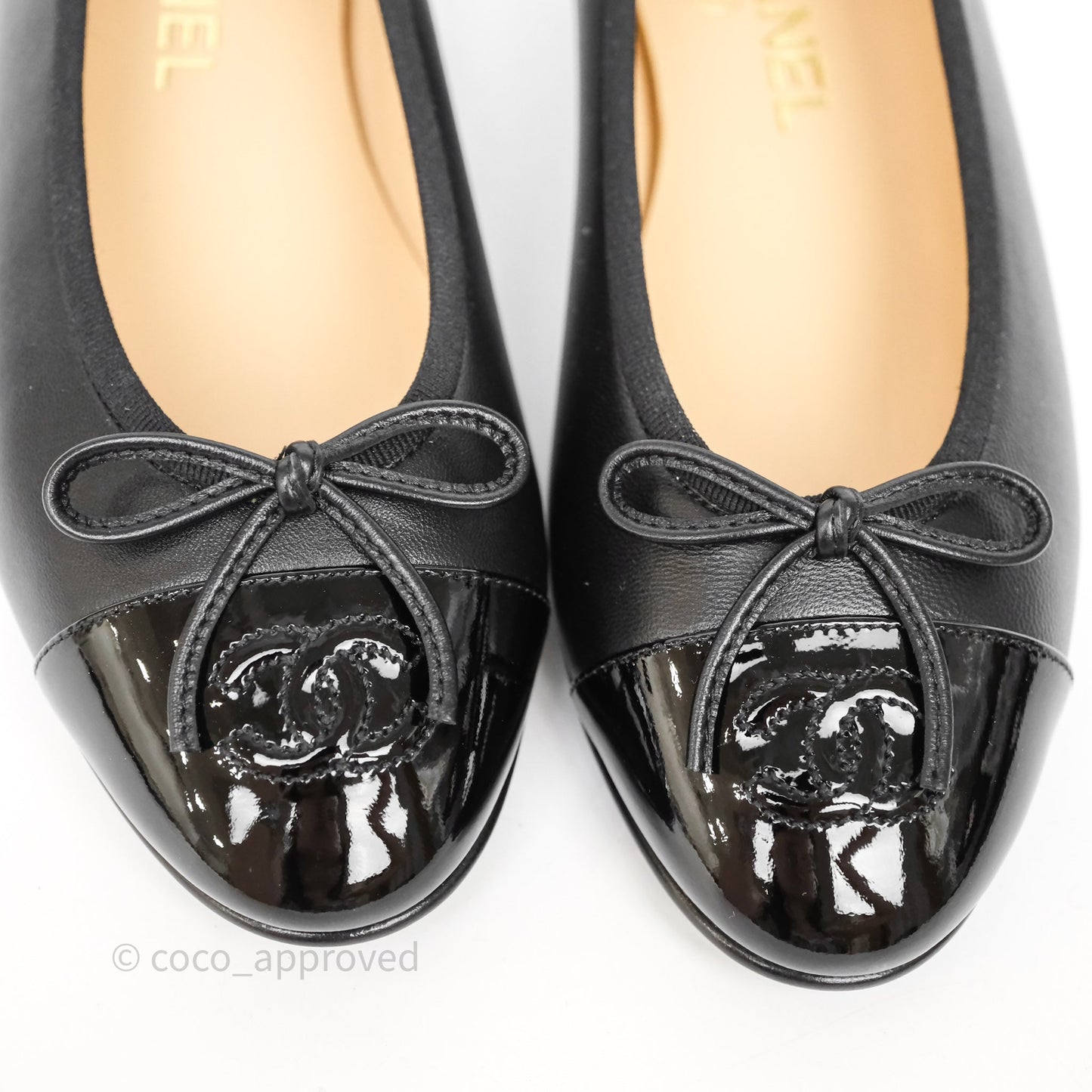 Chanel Calfskin Black Patent Cap-Toe Ballet Flats Size 37