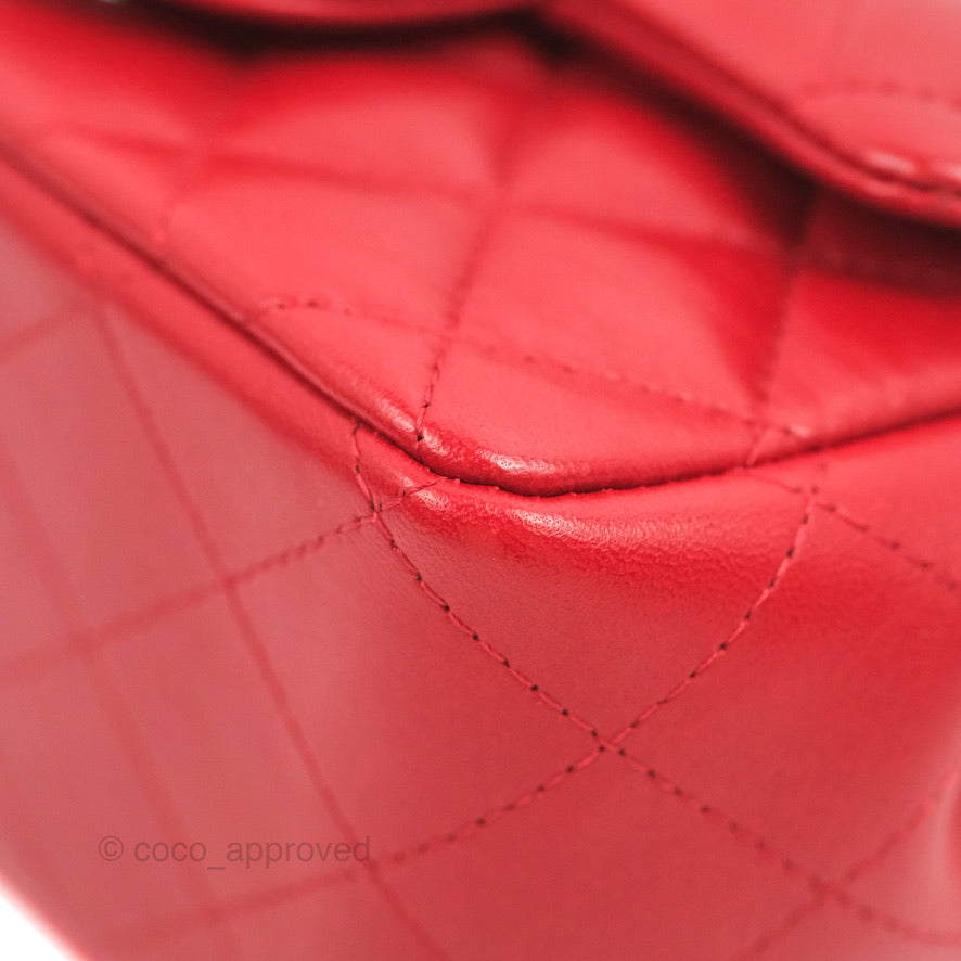 Chanel Quilted Mini Square Red Lambskin Gun Metal
